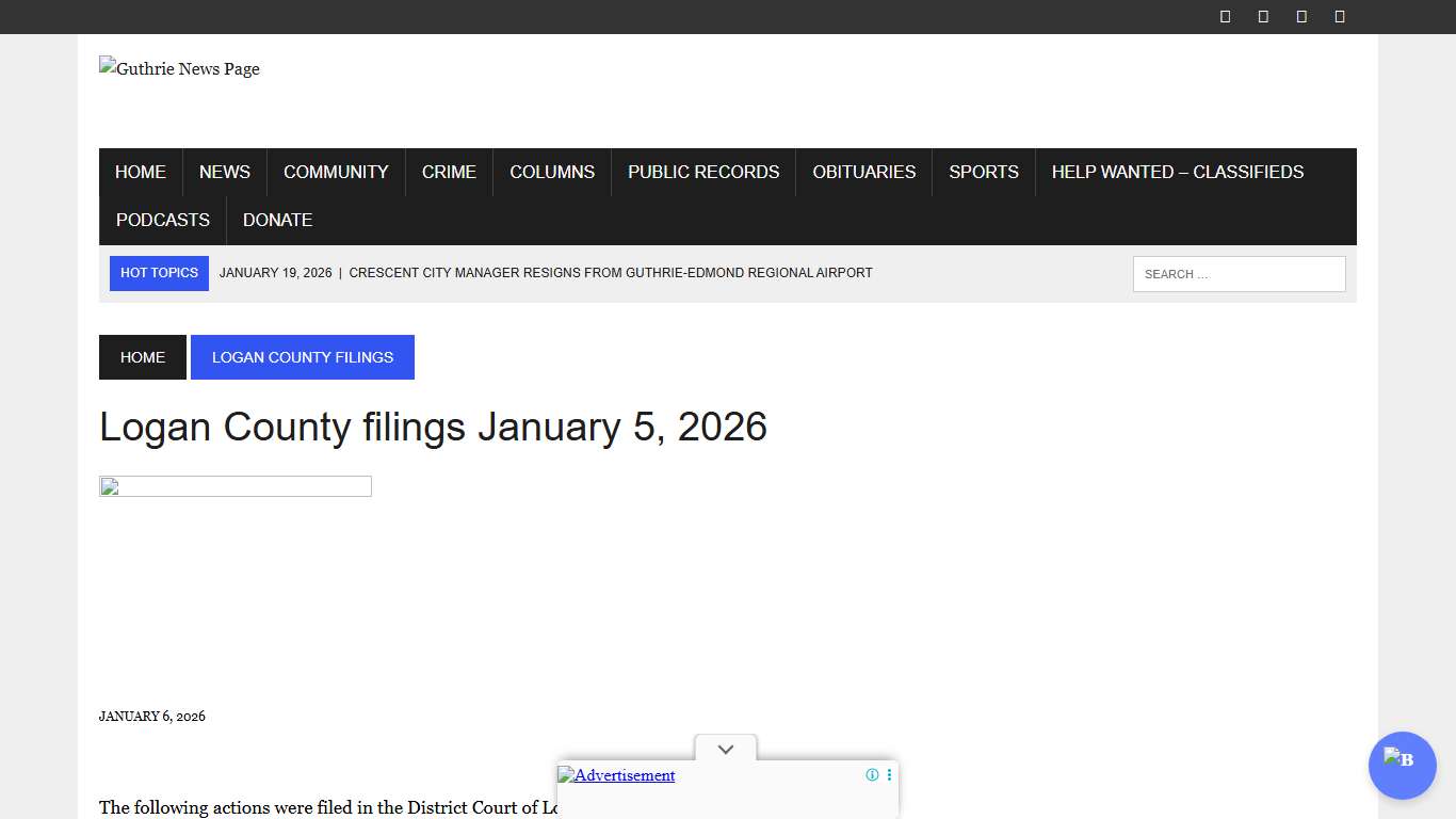 Logan County filings January 5, 2026 – Guthrie News Page